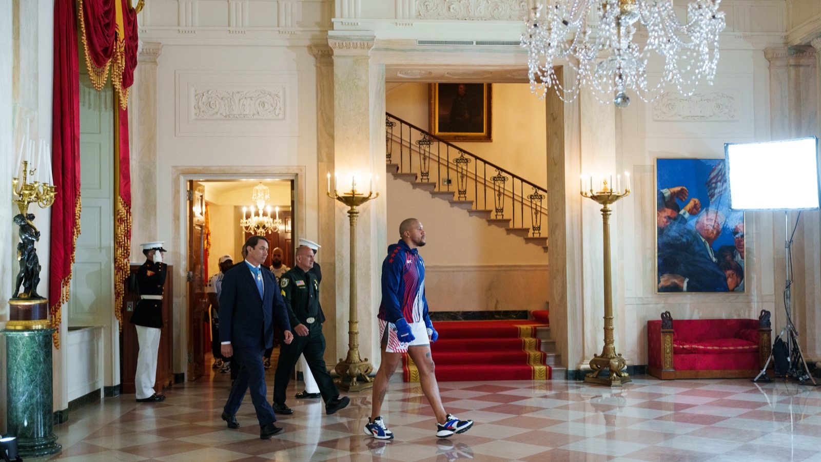 Interim UFC heavyweight champion Ciryl Gane walks out through the White House Cross Hall before his UFC Freedom 250 fight with Alex Pereira