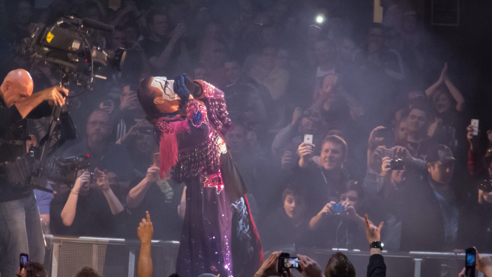 Sting in white face paint and a sequined coat at a TNA Impact taping in Wembley, England, in January 2013