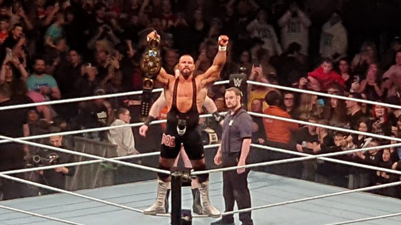 Bron Breakker raises the Intercontinental Championship in the ring at a WWE live event in Nottingham, March 2025