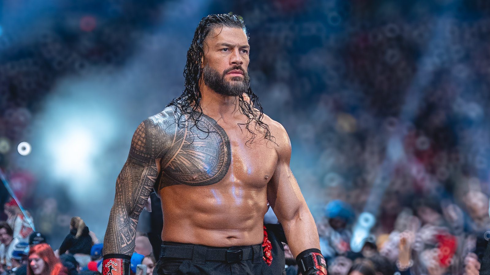 Roman Reigns walking down the entrance ramp past the crowd at the 2025 Royal Rumble